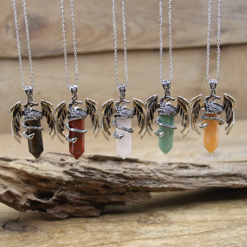 Quartz Dragon Man Necklace Gem Stone Healing Crystal Hexagonal Pendant Lapis Amethysts Animal Vintage Jewelry for Women