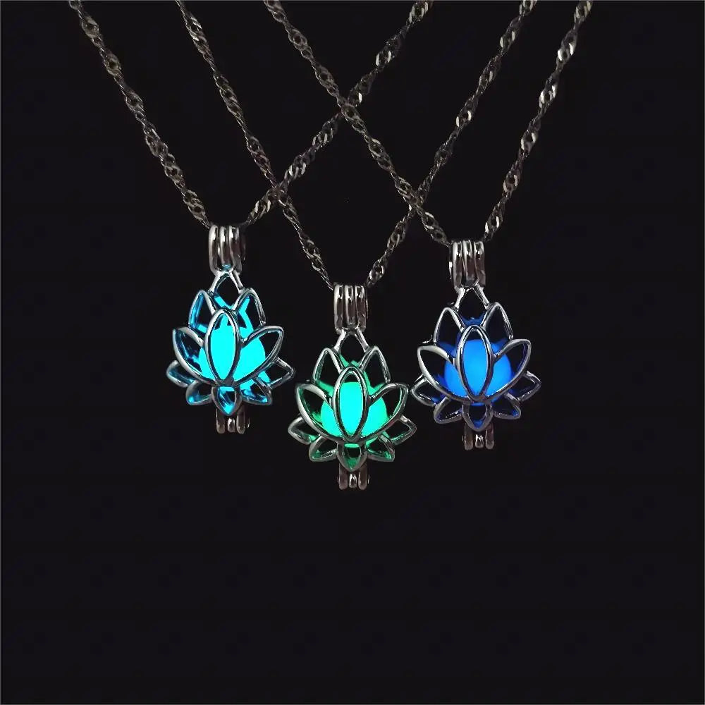 Glow-in-the-Dark Moon & Lotus Pendant, Luminous Spiritual Talisman Necklace