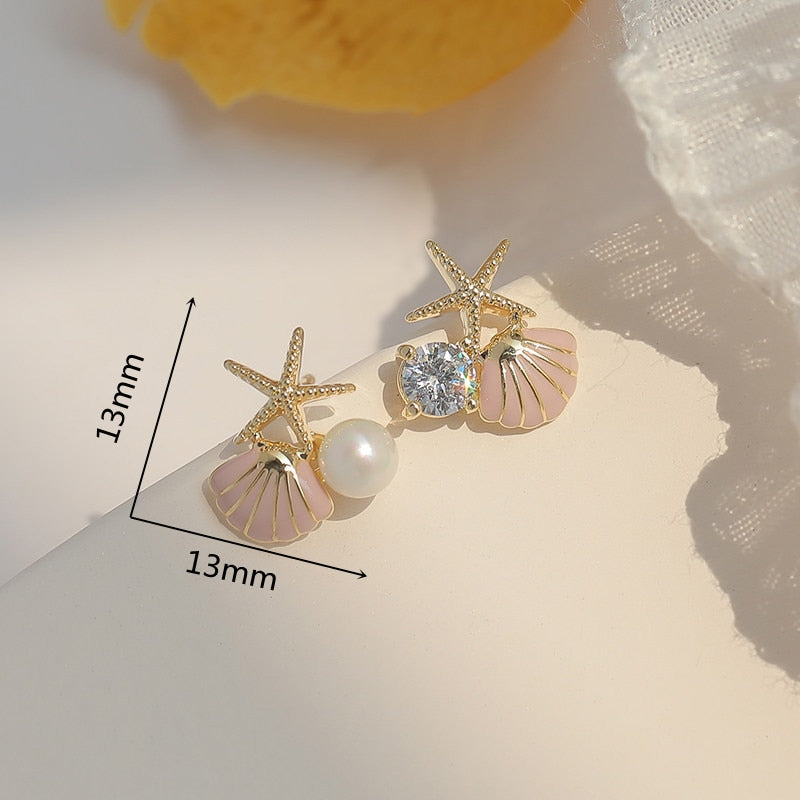 Starfish Shell Stud Earrings for Women Small Cute Earrings with Imitation Pearl Fashion Banquet Wedding Jewelry