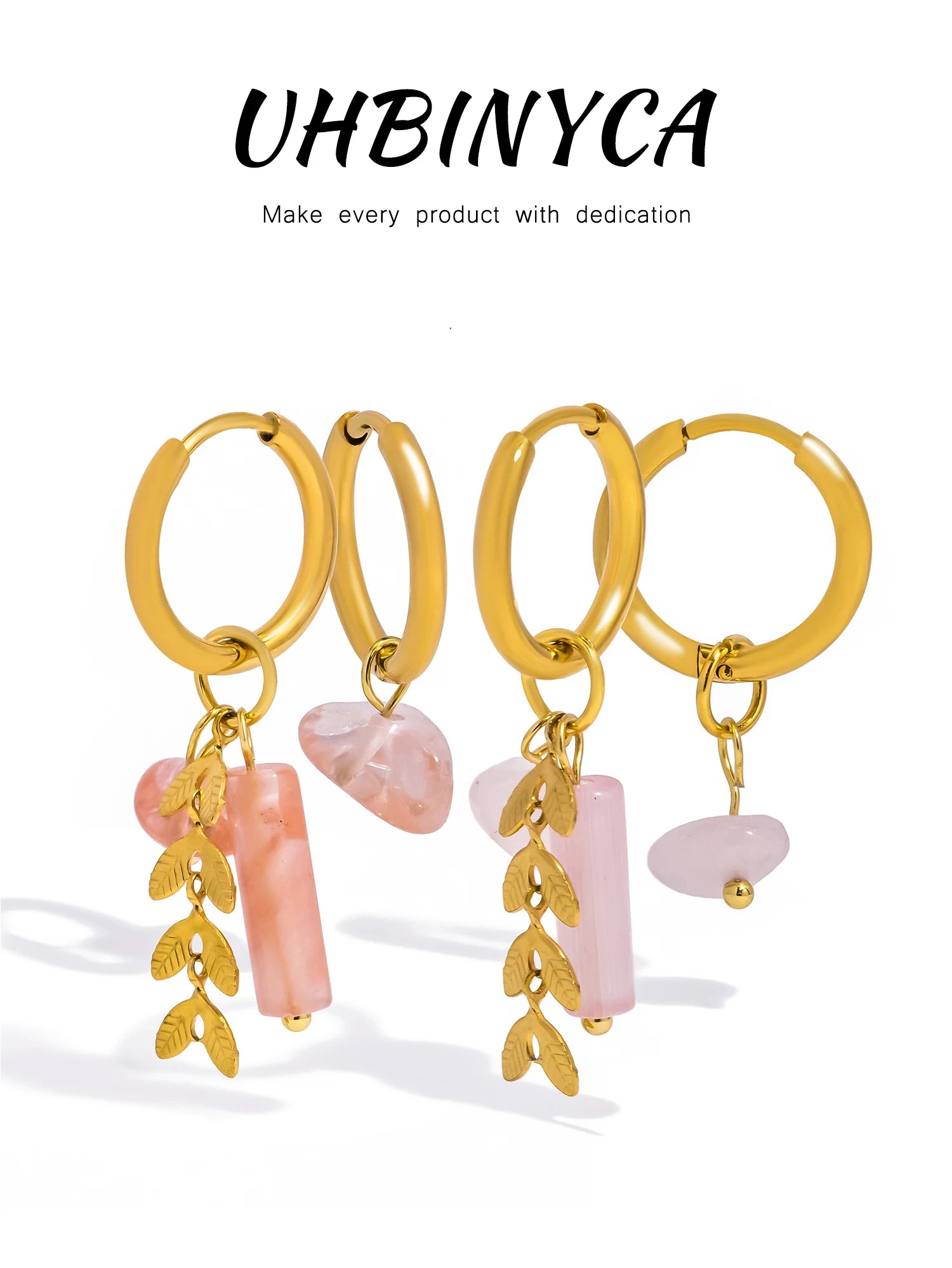 Pink Natural Stone Hoop Drop Earrings, 18K Gold Stainless Steel Boho Jewelry