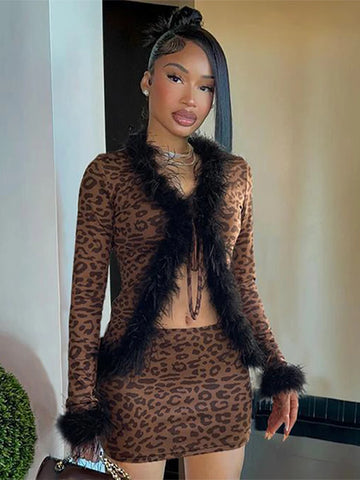 Sexy Leopard Print Women's Two Pieces Set Y2k Full Sleeve Furry Neck Lace Up Cardigan Tops Mini Skirts 2025 Chic Lady Outfits - Charlie Dolly