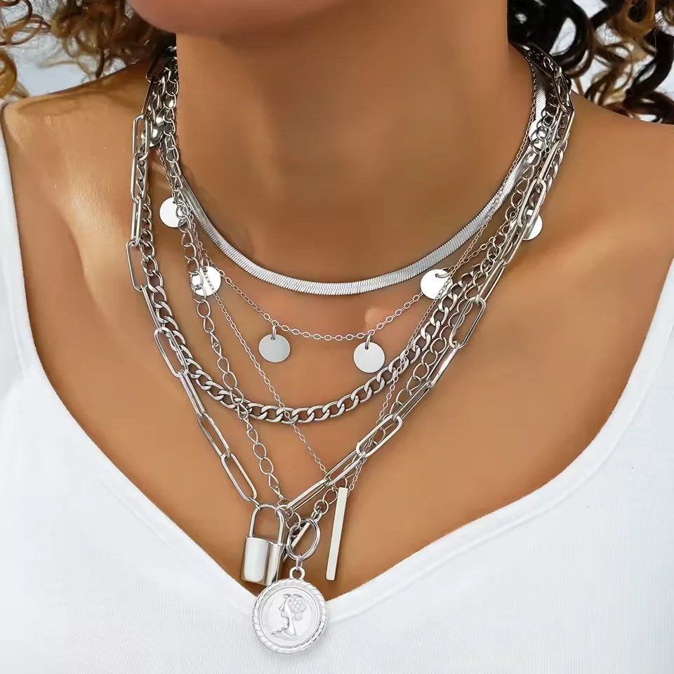 Coin Lock Pendant Layered Necklace Set Jewelry
