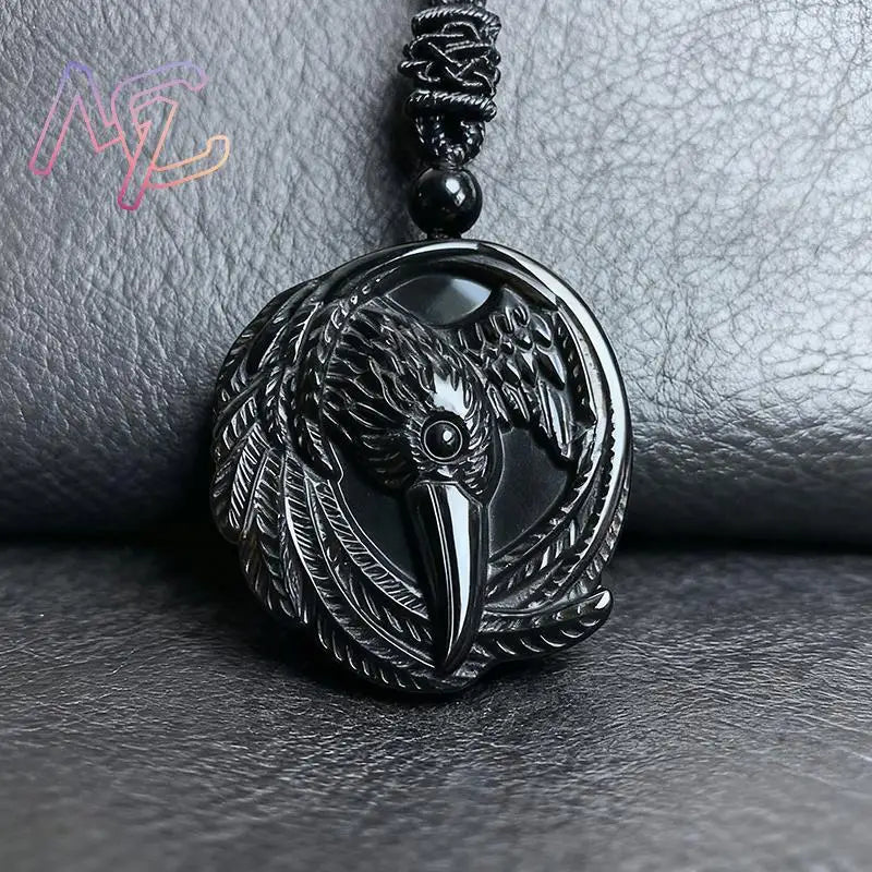 Real Obsidian Crow Pendant Necklace, Natural Gemstone Amulet Talisman