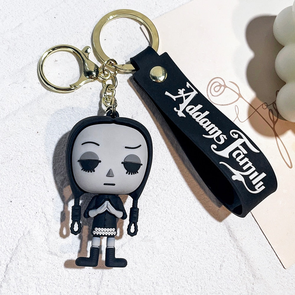 Trend Movie Addams 3d Keychain Wednesday Addams Pendant Keyrings Cartoon Figure Keyholder Backpack Car Key Keychains Accessories