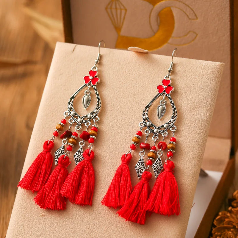 Heart Flower Enamel Bead Tassel Earrings Jewelry