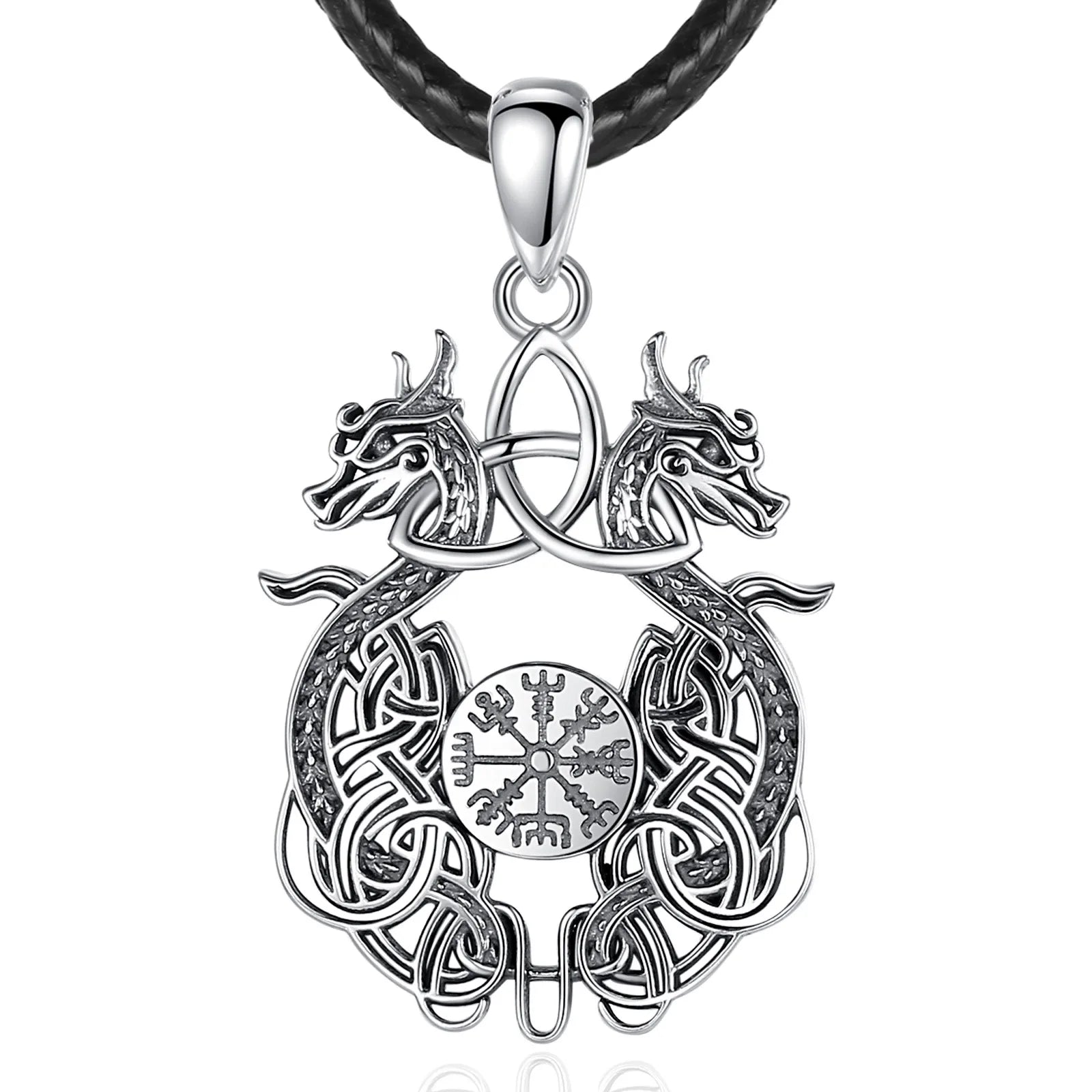 Sterling Silver 925 Viking Dragon Celtic Knot Compass Necklace, Norse Amulet
