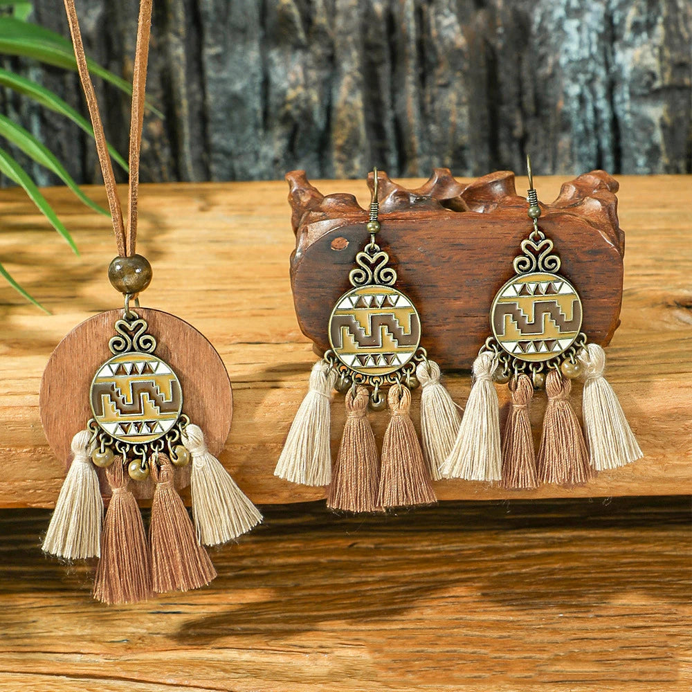 Wood Round Tassel Necklace Earring Set Jewelry