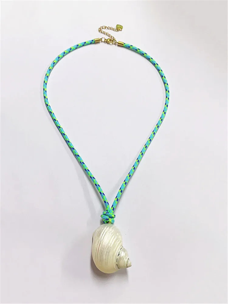 Vacation Conch Shell and Blue Rope Boho Pendant Necklace