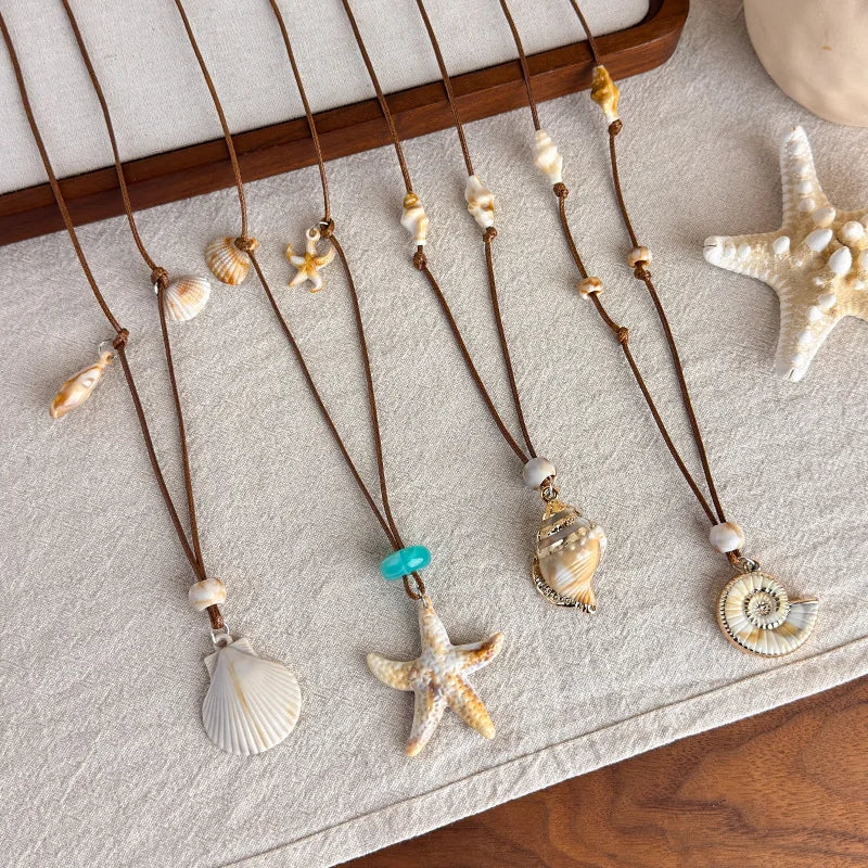 Starfish, Nautilus and Conch Wax Rope Clavicle Necklace