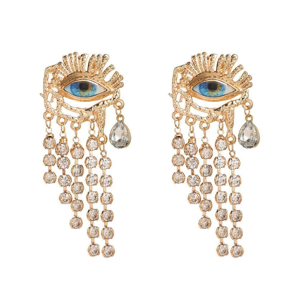 JUJIA Trendy Ethnic Love Heart Shape Evil Eye Drop Earrings For Women Vintage Statement Crystal Dangle Earring Jewelry Gift