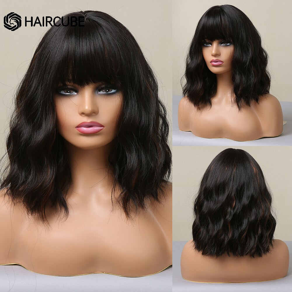 Medium Length Water Wave Synthetic Wigs Cute Pink Wigs With Bangs for Women Cosplay Natural Heat Resistant Bob Lolita Hair