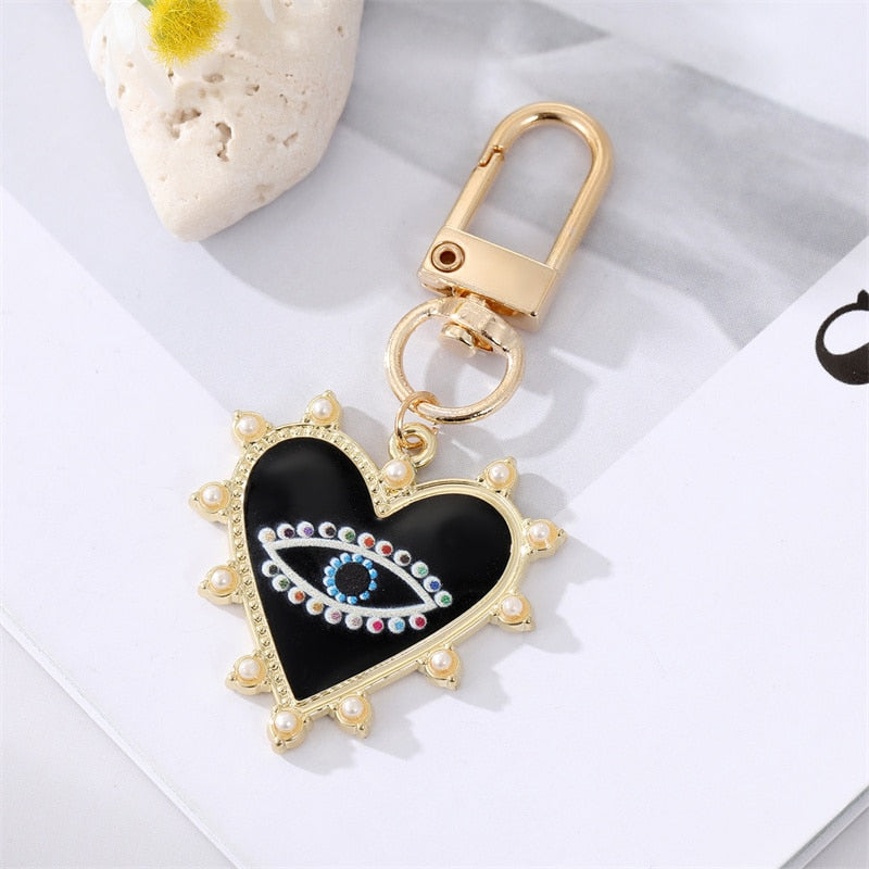 Rainbow Pearl Heart Evil Eye Couple Keychain For Friend Lovers Gift Blue Eye Bag Car Airpods Box Keyring Valentine's Day Jewelry