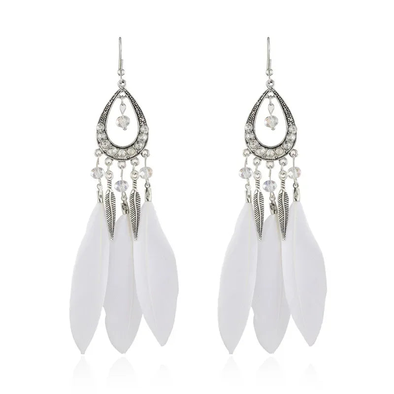 Feather Crystal Tassel Boho Dangle Earrings Jewelry