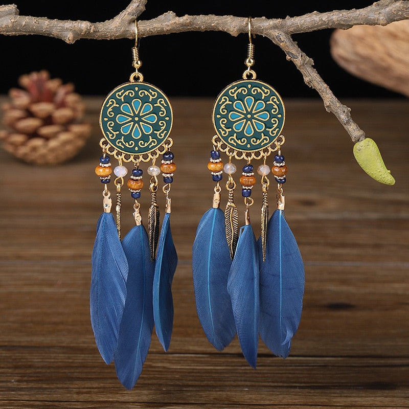 Boho Long Feather Dangle Women's Earrings Beach Long Tassel Beads Handmade Flower Enamel Earrings Bride Wedding Pendientes Mujer