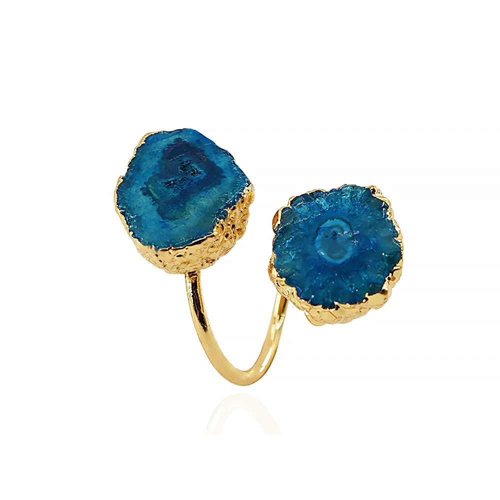 Irregular Agate Slices Open Cross Ring for Women Girls Boho Rough Natural Stone Sunflower Finger Jewelry Wedding Party Gift - Charlie Dolly
