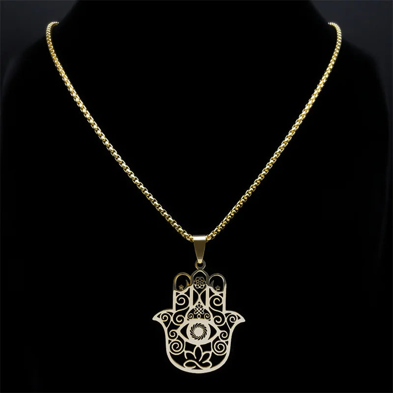 Flower of Life & Hamsa Hand Pendant, Om Lotus Eye Sacred Talisman Necklace