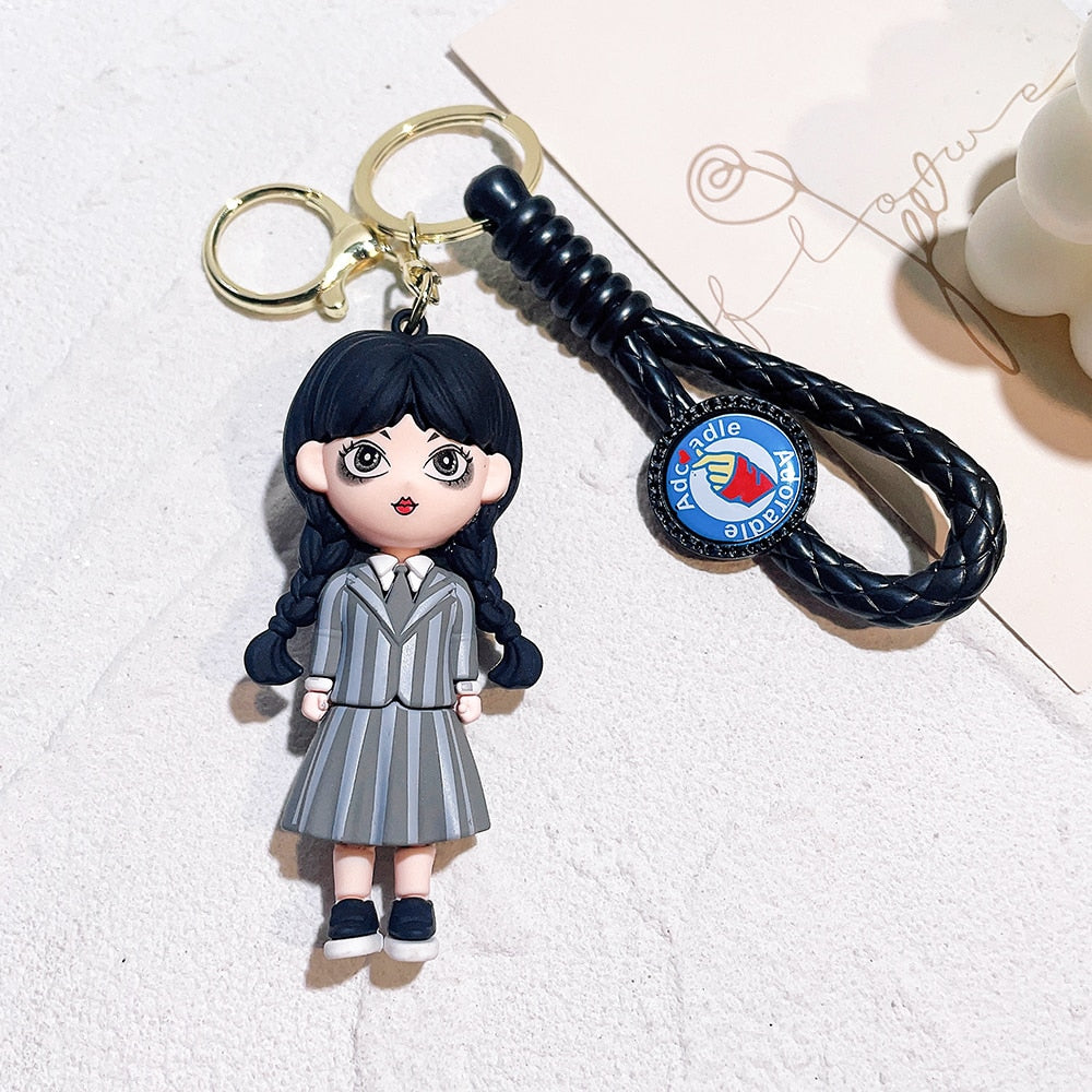 Trend Movie Addams 3d Keychain Wednesday Addams Pendant Keyrings Cartoon Figure Keyholder Backpack Car Key Keychains Accessories