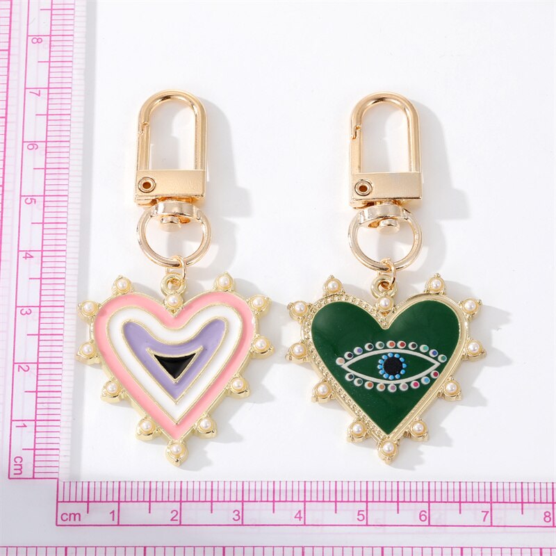 Rainbow Pearl Heart Evil Eye Couple Keychain For Friend Lovers Gift Blue Eye Bag Car Airpods Box Keyring Valentine's Day Jewelry