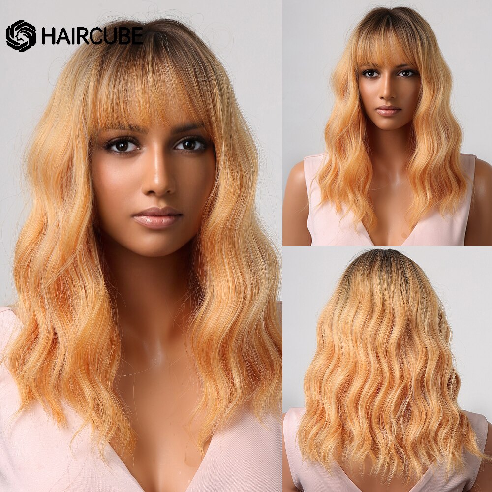 Medium Length Water Wave Synthetic Wigs Cute Pink Wigs With Bangs for Women Cosplay Natural Heat Resistant Bob Lolita Hair