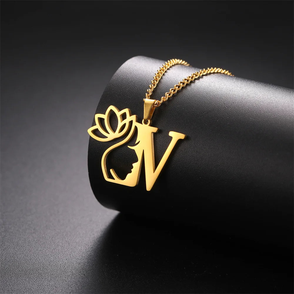 Lotus Flower Initial Letter Pendant, Personalized Stainless Steel Necklace