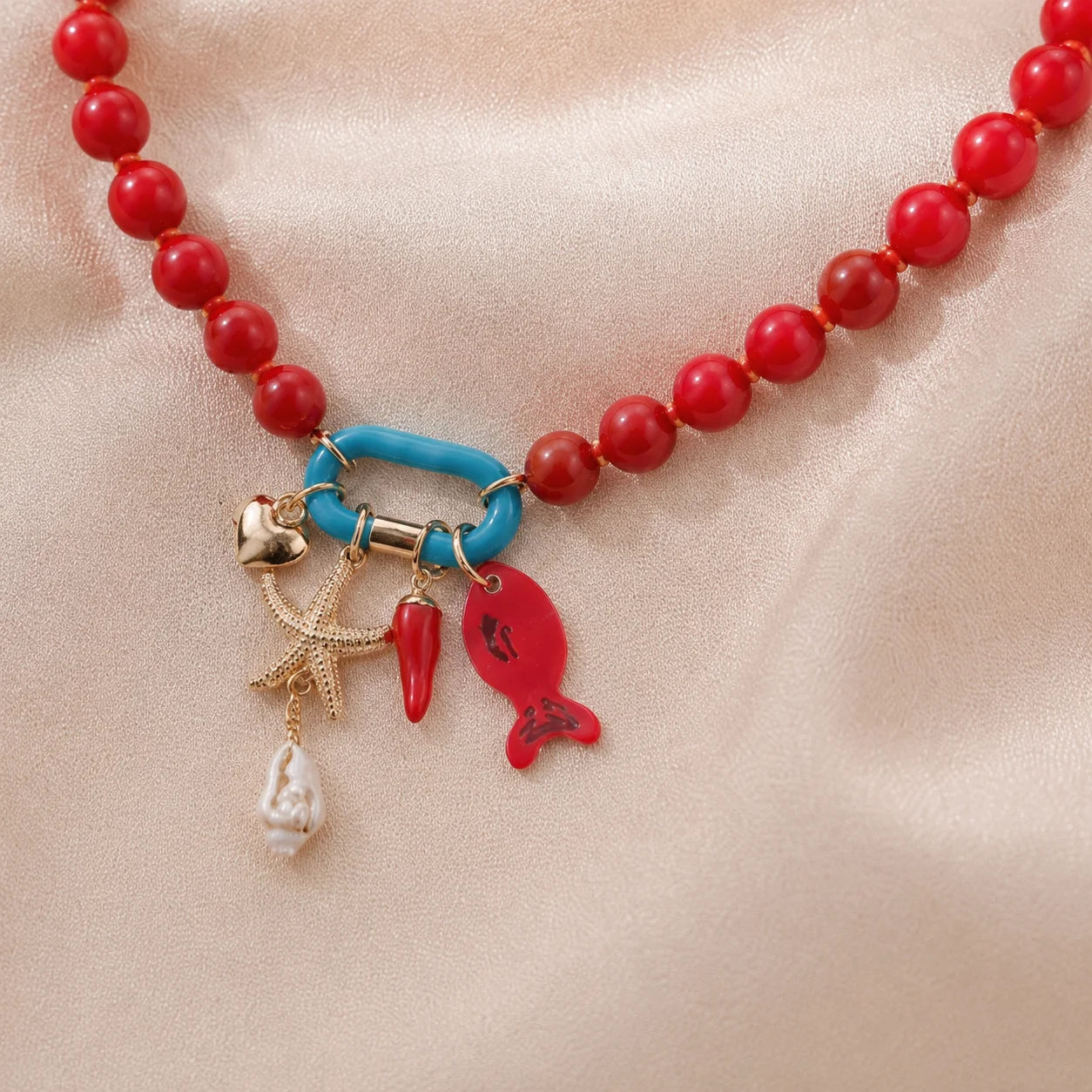 Fish, Starfish and Shell Colorful Handmade Boho Necklace