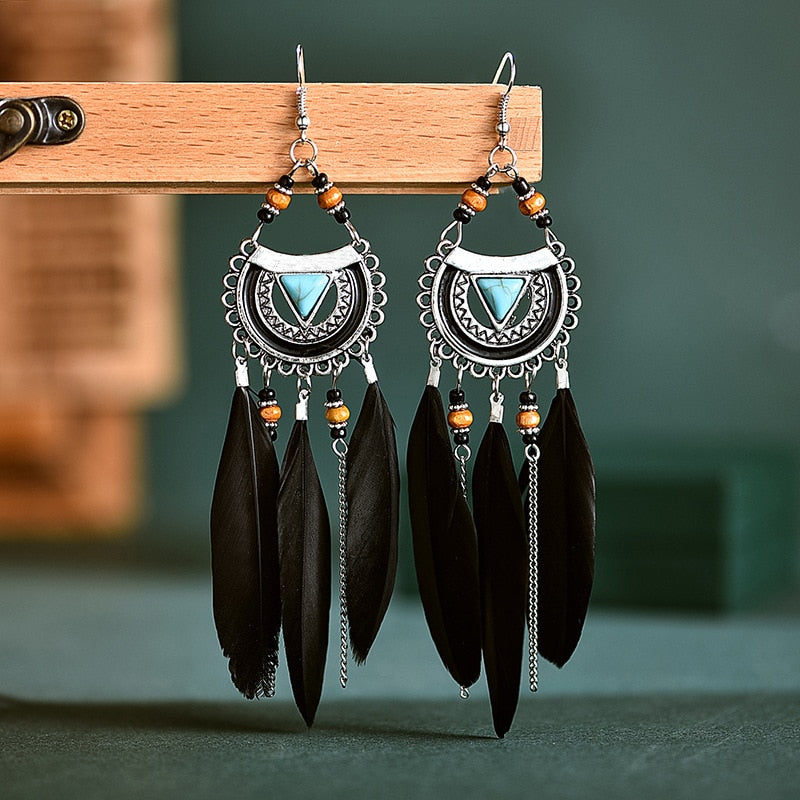 Vintage Bohemian Long Tassel Chain Feather Earrings For Women Boho Geometric Triangle Blue Stone Bead Handmade Wedding Earrings