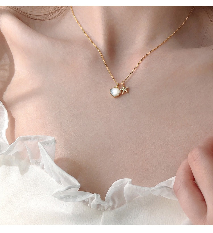 QMCOCO Silver Color Creative Trendy Design Shell Starfish Pendant Necklace For Women Collarbone Chain Biarthday Party Gifts