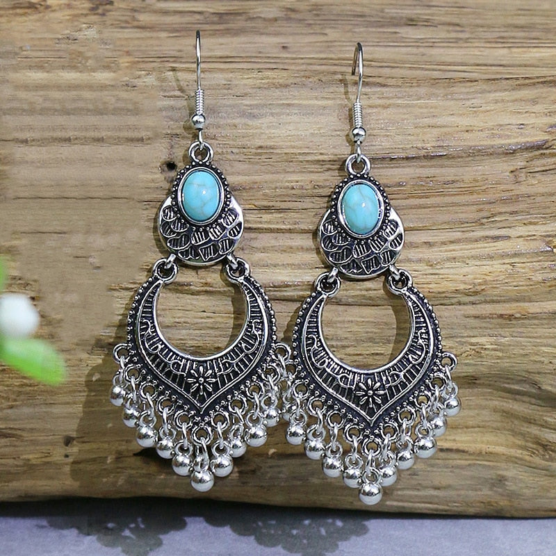 53 Styles Bohemian Vintage Tibetan Silver Geometric Drop Earrings For Women Ethnic Blue Stone Tassel Dangle Earrings Jewelry