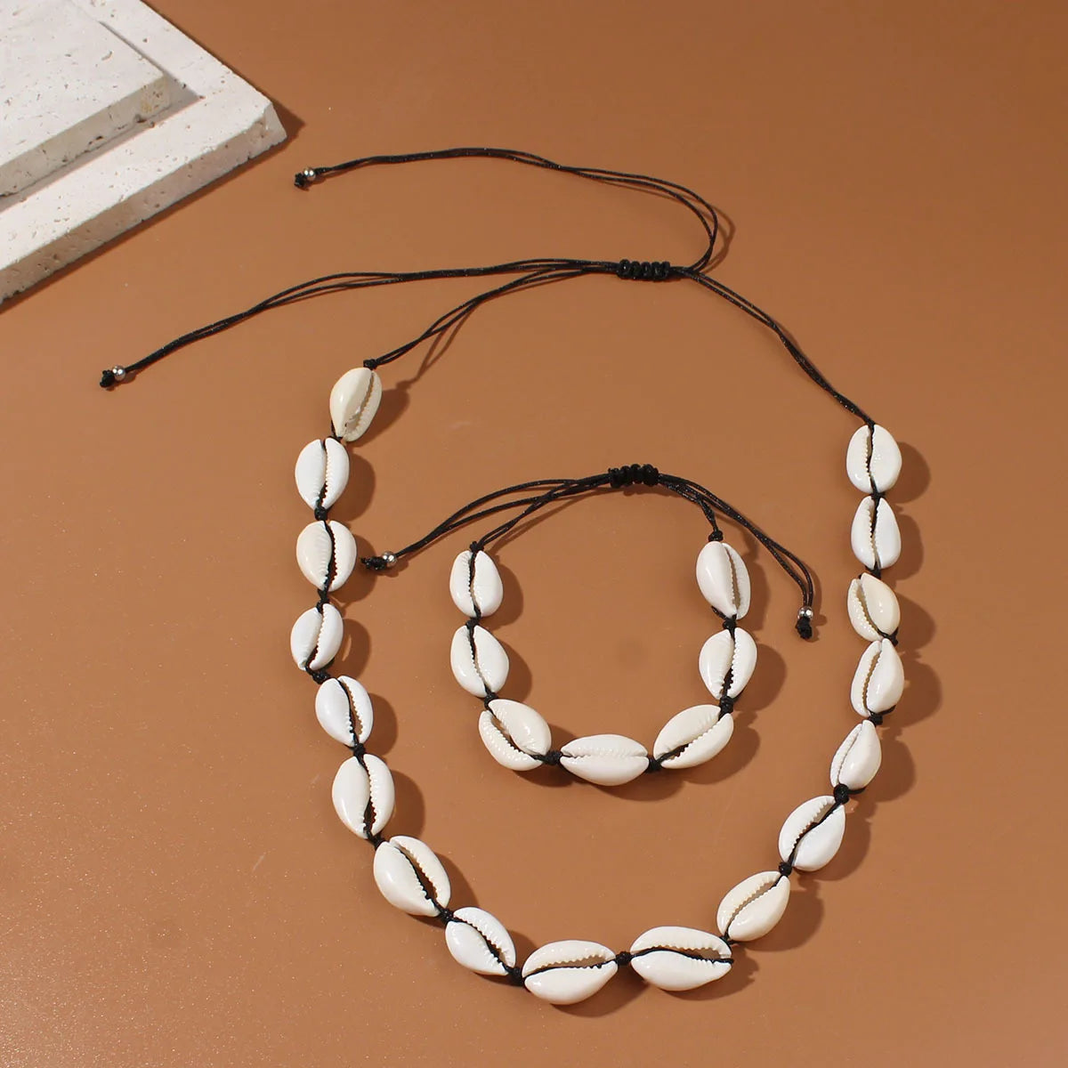 Handmade Braided Shell Necklace and Bracelet Boho Set