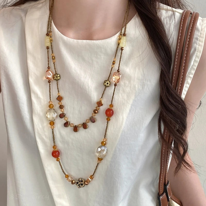 Ceramic Flower Glass Droplet Layered Necklace Jewelry