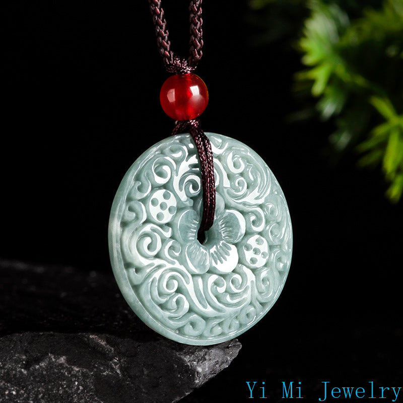 Grade A Natural Blue Water Jade Flower Safety Buckle Necklace, Sacred Protection Talisman