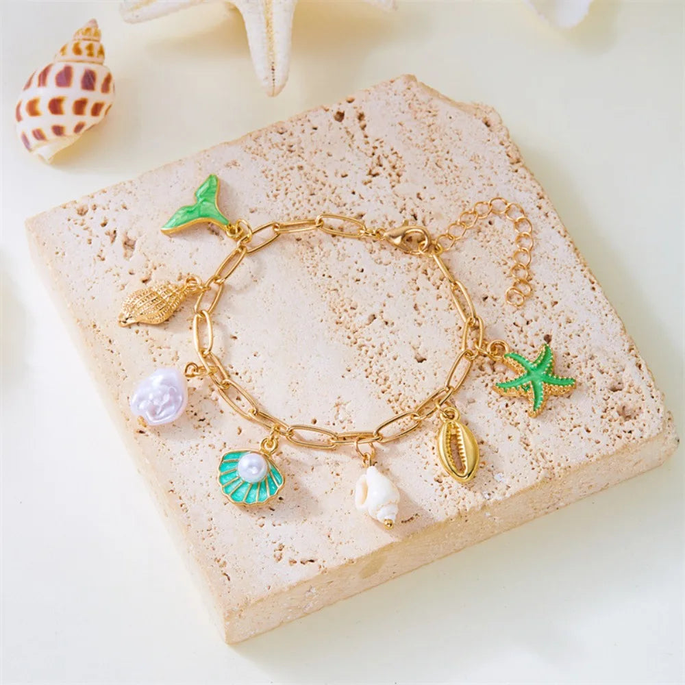 Pearl, Shell and Starfish Gold Tassel Boho Bracelet