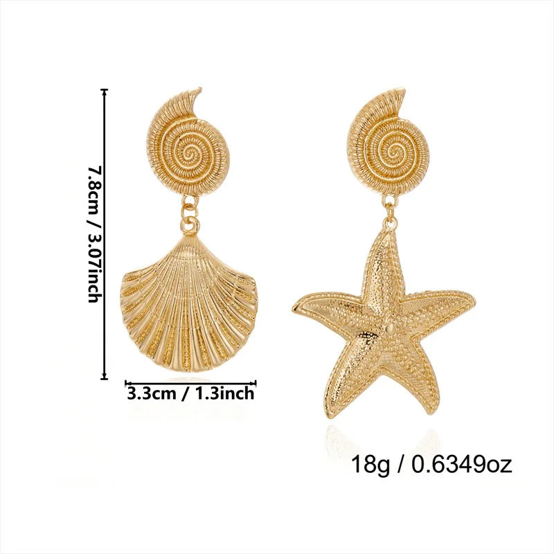 Boho Starfish, Conch and Scallop Pearl Pendant Earrings