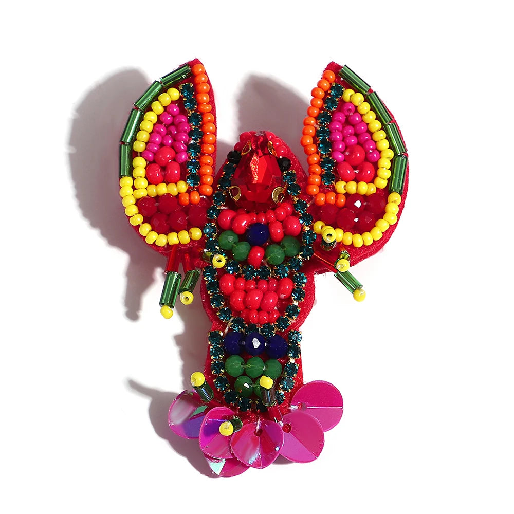 Boho Colorful Starfish, Lobster and Shell Beaded Brooch Pin