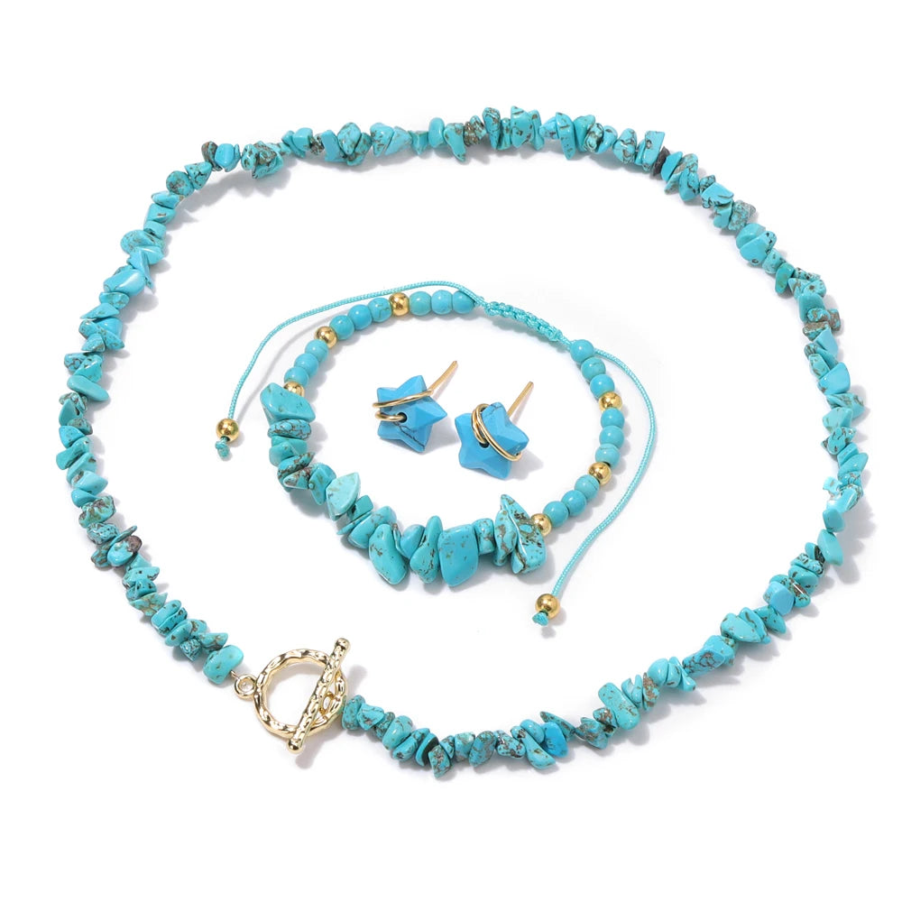 Natural Stone Lapis Lazuli Jewelry Set Quartzs Chip Beads Necklace Braided Bracelets For Women Star Shape Ear Studs Earrings - Charlie Dolly