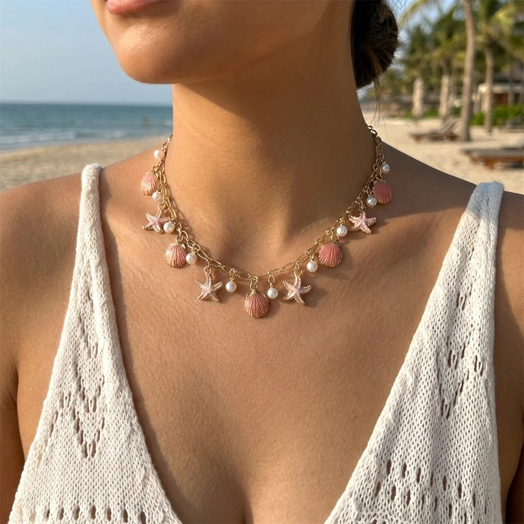 Starfish Shell Pearl Tassel Choker Necklace Jewelry