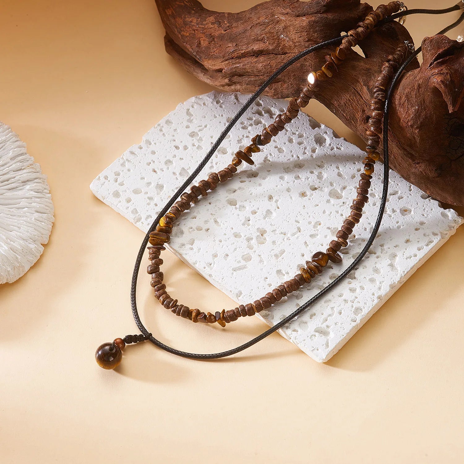 Natural Tiger Eye Healing Stone Necklace for Women Man Boho Handmade Layered Necklace Wood Bead Choker Summer Beach Jewelry Gift - Charlie Dolly