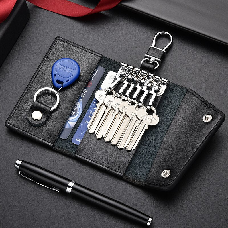 6 Hooks Leather Keychain Storage Men Women Key Holder Organizer Pouch Cow Split Car Key Wallets Housekeeper Key Case Card Bag