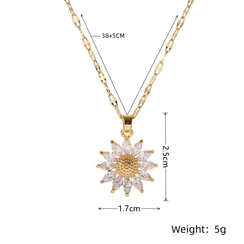 Gold Flower Zirconia Pendant Necklace, Titanium Steel Luxury Chain