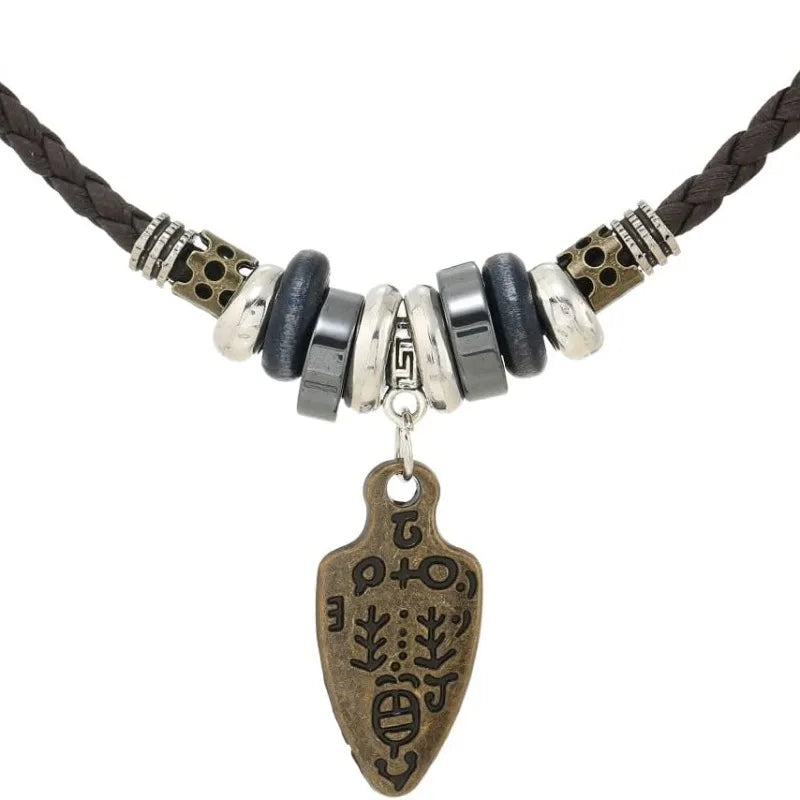 Braided Leather Bead Charm Necklace Jewelry
