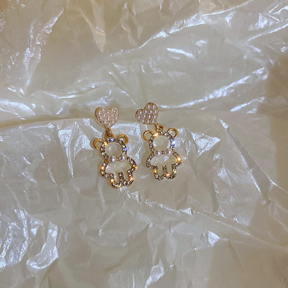 Pearl Rhinestone Bear Love Earrings Female Exquisite Small Earrings Korea Simple Cute Earrings Female Party Beautiful Jewelry - Charlie Dolly
