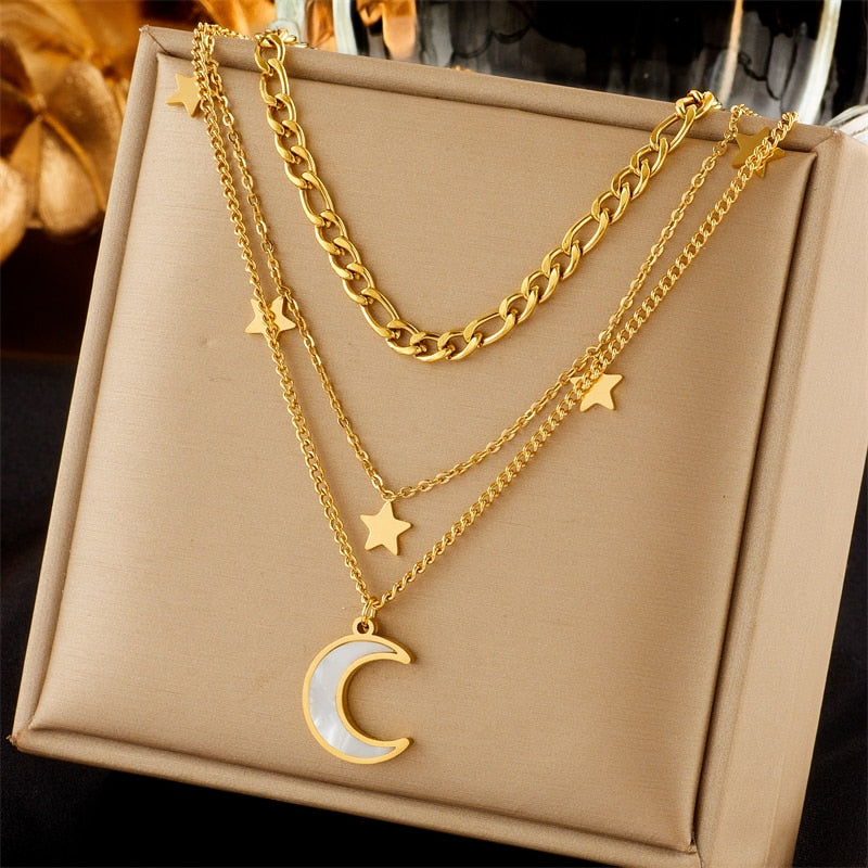 DIEYURO 316L Stainless Steel Butterfly Moon Lock Blue Eyes Pendant Necklace For Women Multilayer Choker Chain Jewelry Gifts - Charlie Dolly