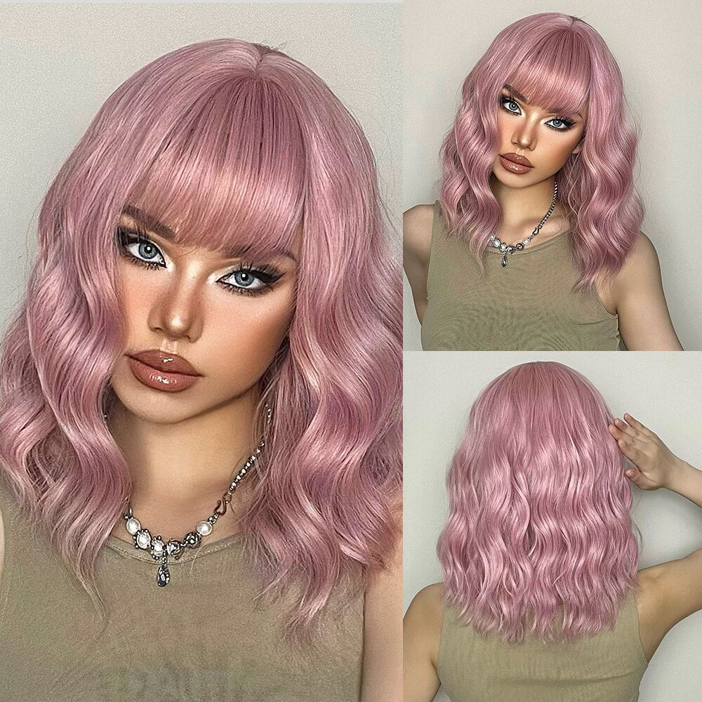 Medium Length Water Wave Synthetic Wigs Cute Pink Wigs With Bangs for Women Cosplay Natural Heat Resistant Bob Lolita Hair