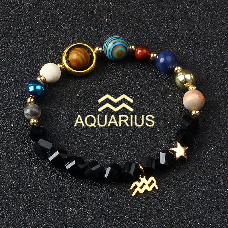 Eight Planets & Twelve Zodiac Beaded Bracelet, Natural Stone Cosmic Astrology Talisman
