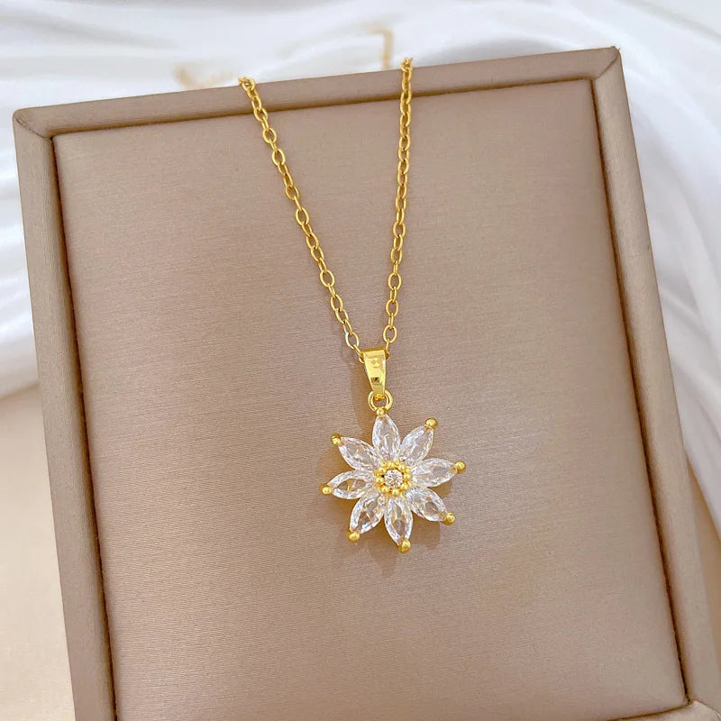 White Crystal Petal Lotus Flower Bud Pendant Necklace, Stainless Steel Waterproof Chain