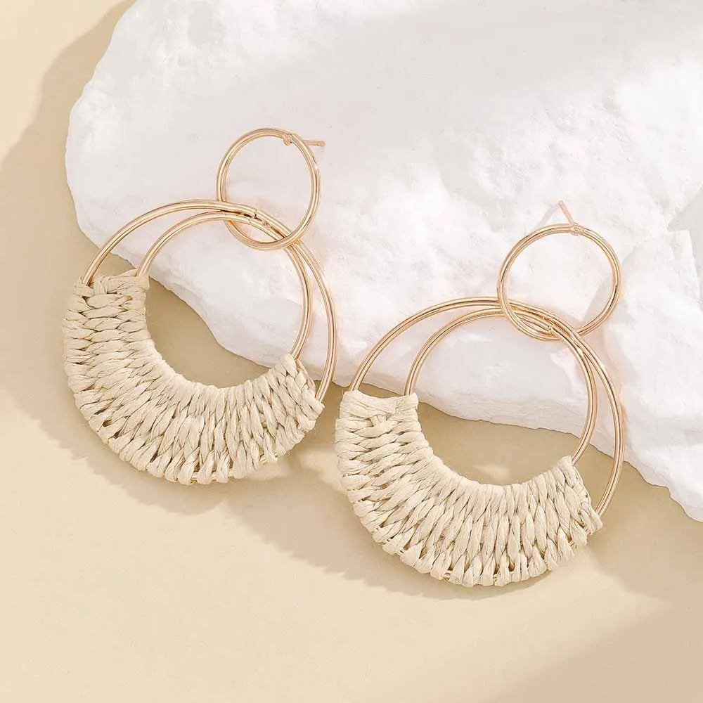 Handmade Raffia Wicker Hoop Earrings Jewelry