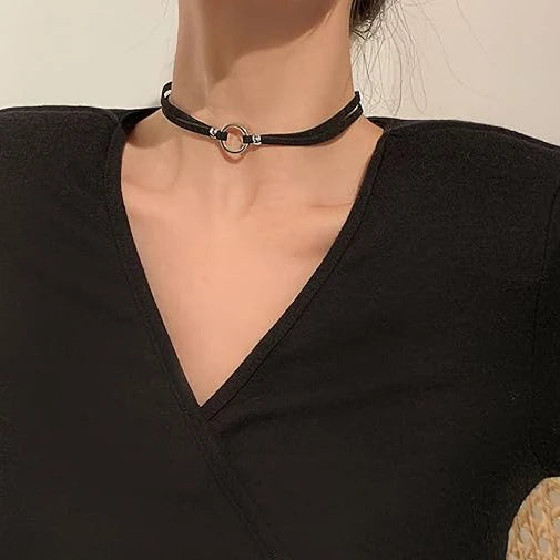 Black Leather Velvet O Ring Choker Necklace Jewelry