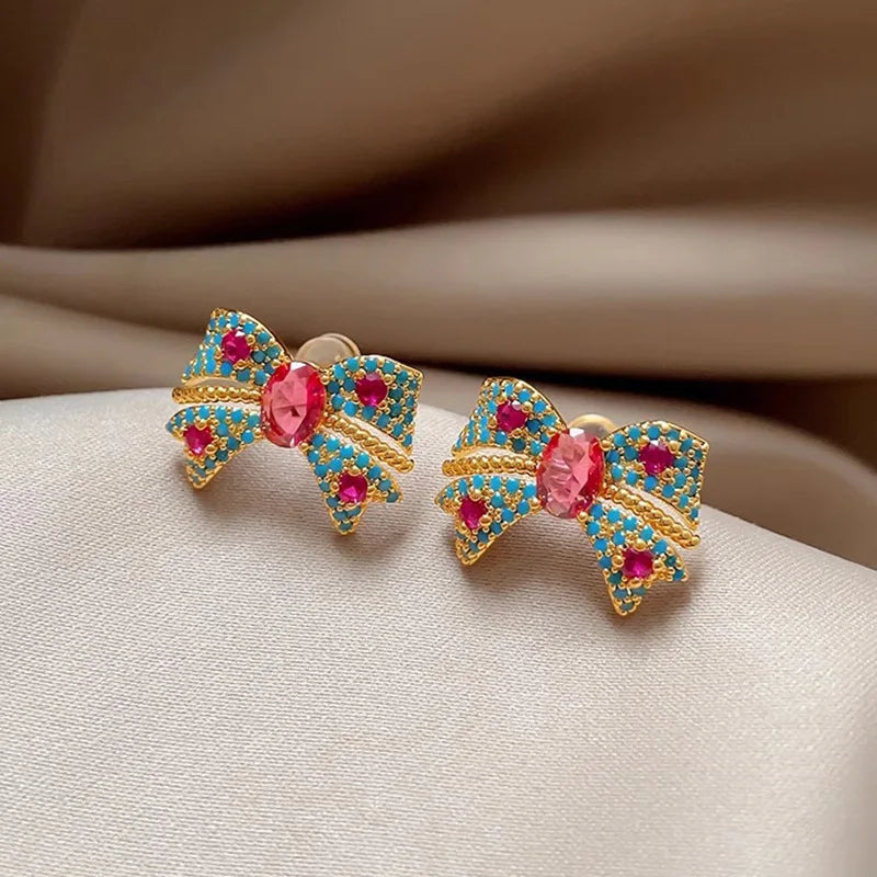 Red Crystal Zircon Bow Earrings Jewelry