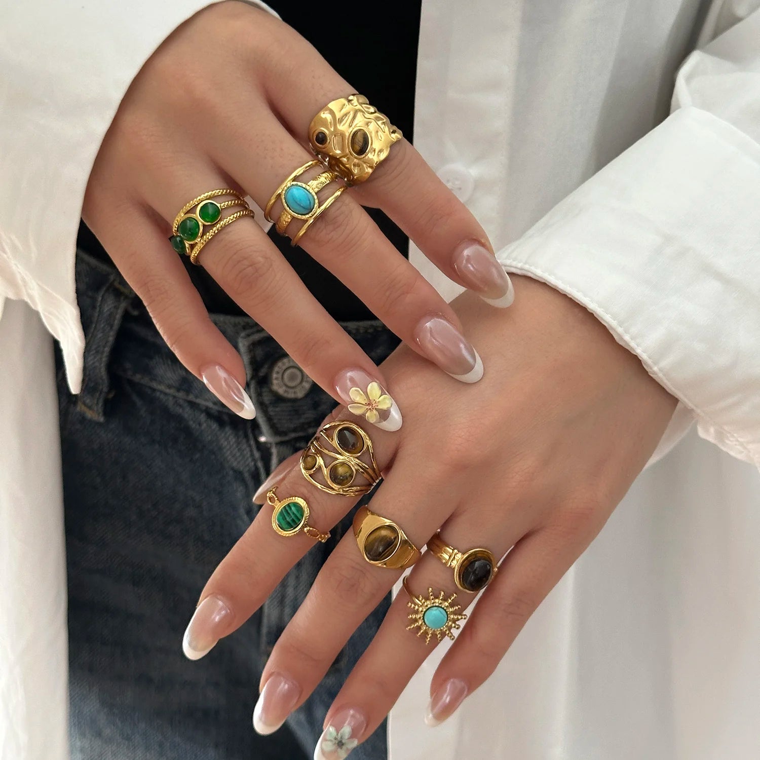 Vintage Boho Turquoise Tiger Eye Stone Rings For Women Stainless Steel Natural Stone Open Finger Ring Party Aesthetic Jewelry - Charlie Dolly