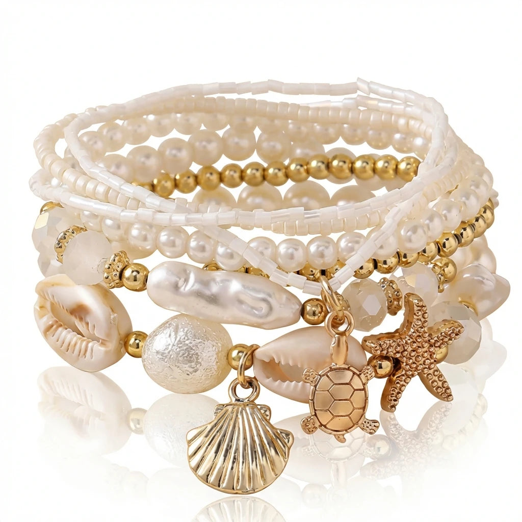 Sea Turtle, Starfish and Cowrie Shell Layered Pearl Bracelet